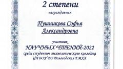 Диплом II степени Пушникова С.А.