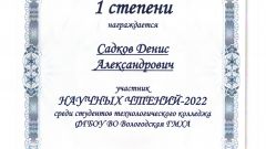 Диплом I степени Садков Д.А.