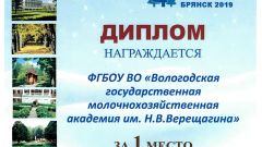 Диплом ФГБОУ ВО Вологодская ГМХА за 1 место в эстафете по лыжным гонкам, Брянск 2019