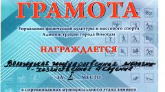 Грамота ФГБОУ ВО Вологодская ГМХА за 1 место в соревнованиях муниципального этапа зимнего фестиваля ВФСК 