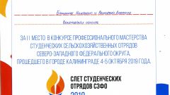 Диплом за 2 место в конкурсе профессионального мастерства студенческих сельскохозяйственных отрядов Северо-Западного федерального округа