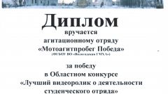 Диплом за победу в Областном конкурсе 