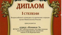 Диплом I степени Всероссийского конкурса студенческих отрядов вузов Минсельхоза России