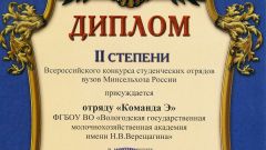 Диплом II степени Всероссийского конкурса студенческих отрядов вузов Минсельхоза России отряду 