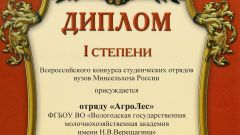 Диплом I степени Всероссийского конкурса студенческих отрядов вузов Минсельхоза России отряду 