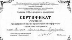 Сертификат участника кафедральной научно-практической конференции студентов и аспирантов - 2017