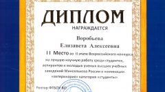 Диплом за II место во II этапе Всероссийского конкурса на лучшую научную работу среди студентов, аспирантов и молодых ученых высших учебных заведений Министерства сельского хозяйства в номинации 